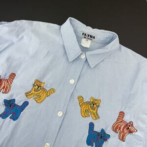 Vintage Ultra Top Womens XL Blue Cat Embroidery Button Up Long Sleeve Artsy